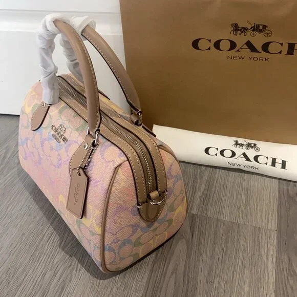 Coach Rowan Satchel Bag In Rainbow Signature Canvas CDA90 Sand Multi - Picture 6 of 8